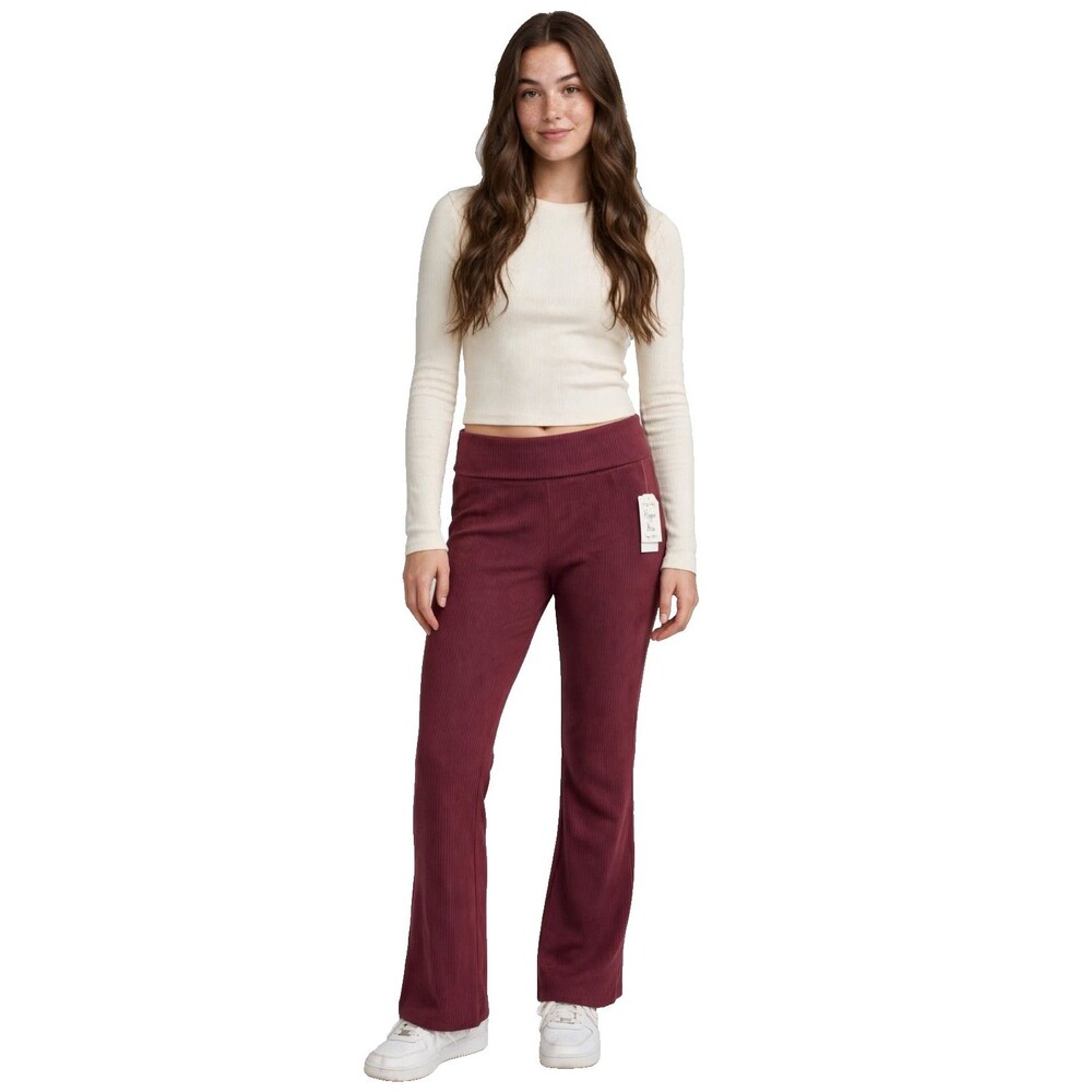 Hippie Rose Lounge Pants L Burgundy Sugar Beet Ribbed Flare Foldover NWT $38
